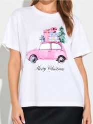 Bawełniana koszulka z nadrukiem świątecznym - biały. Białe t-shirty damskie Sinsay, l, bez wzorów, z bawełny, bez kołnierzyka. Za 25.99 zł.