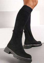 Czarne Kozaki w Cyrkonie z Elastyczną Cholewką przed Kolano Jeanlli. Czarne kozaki damskie Renee, z wełny, przed kolano, bez obcasa, na obcasie. Za 149.99 zł.
