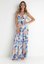 Niebieska Sukienka Gouin. Niebieskie sukienki damskie Born2be, na wesele, na lato, s, z aplikacjami, eleganckie, bez kołnierzyka, bez ramiączek, maxi, rozkloszowane. W wyprzedaży za 127.99 zł.