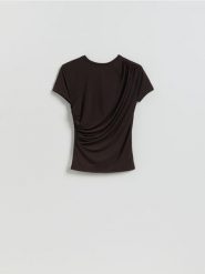 T-shirt z ozdobnym marszczeniem - ciemnobrązowy. Brązowe t-shirty damskie Reserved, l, bez wzorów, z dzianiny, bez kołnierzyka. Za 69.99 zł.