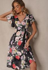 Czarna Kopertowa Sukienka w Kwiaty Atesalia. Czarne sukienki damskie Renee, na co dzień, na wiosnę, m, bez wzorów, eleganckie, bez kołnierzyka, bez ramiączek, midi, kopertowe. W wyprzedaży za 83.99 zł.