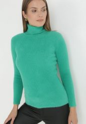 Zielony Golf Wełniany Prążkowany Ona. Zielone golfy damskie Born2be, xs, bez wzorów, z dzianiny, bez ramiączek. Za 44.99 zł.