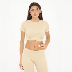 Crop top treningowy damski WAY krótki rękaw. Brązowe topy sportowe damskie Legea, bez wzorów, bez ramiączek. W wyprzedaży za 68.00 zł.