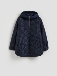 Pikowana kurtka z kapturem - granatowy. Niebieskie kurtki damskie Reserved, l, bez wzorów, z tkaniny, z kapturem. Za 159.99 zł.