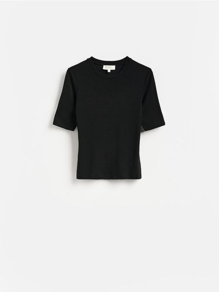 Dzianinowy t-shirt z lyocellem - czarny. Czarne t-shirty damskie Reserved, l, bez wzorów, z dzianiny, bez kołnierzyka. Za 119.99 zł.