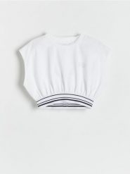 T-shirt z nadrukiem - złamana biel. Koszulki dziewczęce Reserved, bez wzorów, z bawełny, bez ramiączek. W wyprzedaży za 22.99 zł.