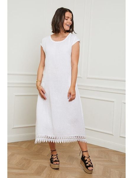 Curvy Lady Lniana sukienka w kolorze białym rozmiar: 48/50. Białe sukienki damskie Curvy Lady, na co dzień, bez wzorów, z koronki, klasyczne, bez kołnierzyka, bez ramiączek, maxi, proste. Za 114.44 zł.