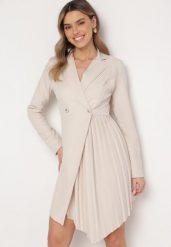 Beżowa Rozkloszowana Sukienka Mini z Kopertową Górą i Plisami na Dole Lontasa. Brązowe sukienki damskie Born2be, m, bez wzorów, eleganckie, bez kołnierzyka, bez ramiączek, mini, kopertowe. W wyprzedaży za 127.99 zł.