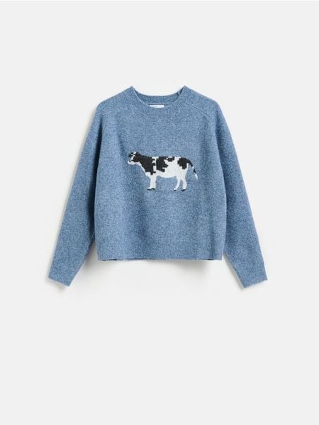 Sweter ze zwierzęcym motywem - granatowy. Niebieskie swetry klasyczne damskie Reserved, l, z dzianiny, bez kołnierzyka. Za 129.99 zł.