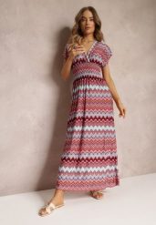 Bordowa Wzorzysta Sukienka Maxi z Gumką w Talii i Rozkloszowanym Dołem Noareya. Czerwone sukienki damskie Renee, na co dzień, l, bez wzorów, bez kołnierzyka, bez ramiączek, maxi, kopertowe. W wyprzedaży za 38.49 zł.