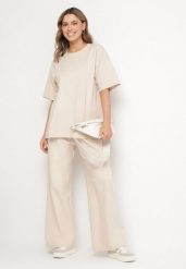 Beżowy Bawełniany Komplet Szerokie Spodnie i T-shirt z Rozcięciami Norpio. Brązowe spodnie materiałowe damskie Born2be, bez wzorów, z bawełny, eleganckie. Za 139.99 zł.