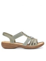 Rieker Sandały 60839-52 Zielony. Zielone sandały damskie Rieker, bez wzorów, bez obcasa, na płaskiej podeszwie. Za 289.99 zł.