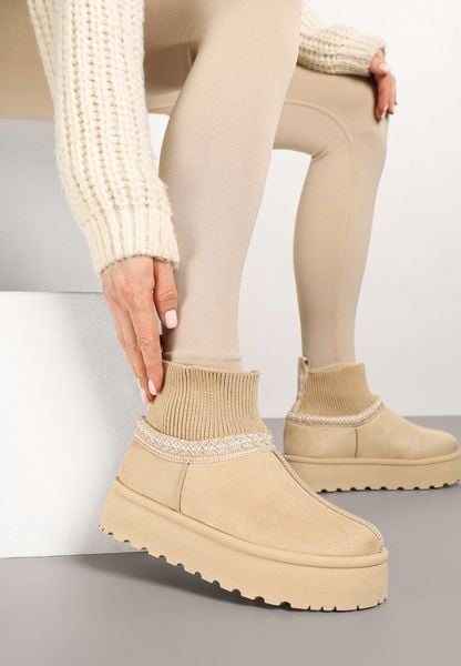 Beżowe Śniegowce na Grubej Podeszwie z Elastyczną Cholewką Nilevelia. Brązowe śniegowce damskie Born2be, z dzianiny. Za 64.99 zł.