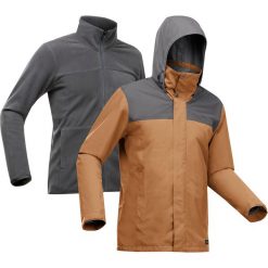 Kurtka turystyczna męska zimowa Quechua NH100 3w1 0°C wodoodporna. Czarne kurtki męskie FORCLAZ, na zimę, l, bez wzorów, z polaru, sportowe, bez kaptura. Za 329.99 zł.