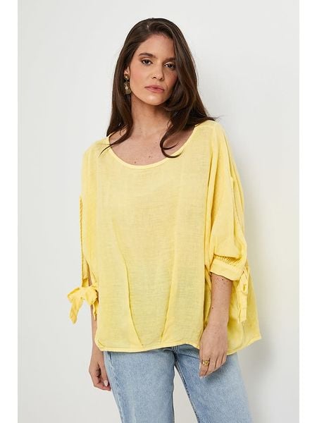 Rodier Lin Lniana bluzka w kolorze żółtym rozmiar: S/M. Żółte bluzki damskie Rodier Lin, m, bez wzorów, ze lnu, bez kołnierzyka, bez ramiączek. Za 158.84 zł.