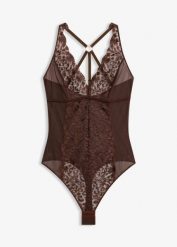 Body ze stringami, bez fiszbinów, ze szlachetnym haftem. Brązowe body damskie bonprix, bez wzorów. Za 109.99 zł.
