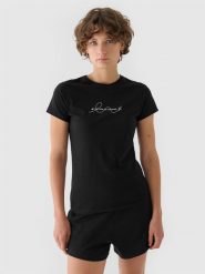 4F T-shirt slim z nadrukiem damski - czarny XS. Czarne t-shirty damskie 4f, xs, bez wzorów, z dzianiny, bez kołnierzyka. Za 29.99 zł.