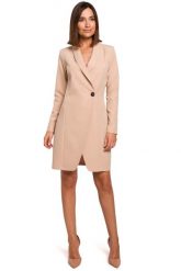 Beżowa Elegancka Żakietowa Sukienka na Jeden Guzik. Brązowe sukienki damskie MOE, l, bez wzorów, z elastanu, eleganckie, bez kołnierzyka, bez ramiączek. Za 273.90 zł.
