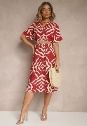 Bordowa Sukienka z Wiskozą Lnem i Geometrycznym Wzorem Sadelive. Czerwone sukienki damskie Renee, na co dzień, na lato, l, bez wzorów, z wiskozy, eleganckie, bez kołnierzyka, bez ramiączek, midi. W wyprzedaży za 62.99 zł.