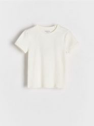 Prążkowany t-shirt - złamana biel. Koszulki dziewczęce Reserved, bez wzorów, z bawełny, bez ramiączek. W wyprzedaży za 12.99 zł.