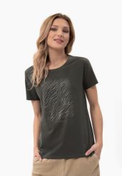 Koszulka z dżetami T-PRESTO. Brązowe t-shirty damskie Volcano, m, bez wzorów, z bawełny, bez ramiączek. Za 59.99 zł.