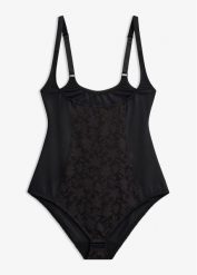 Mocno modelujące body z koronką. Czarne body damskie bonprix, bez wzorów, z koronki. Za 119.99 zł.
