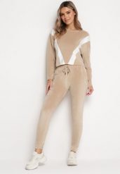 Beżowy Welurowy Komplet Dresowy z Bluzą i Spodniami Bellanna. Brązowe bluzy bez kaptura damskie Born2be, m, z dresówki. Za 129.99 zł.