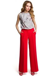 Eleganckie Szerokie Czerwone Spodnie w Kant. Czerwone spodnie materiałowe damskie MOE, bez wzorów, z elastanu, eleganckie. Za 219.90 zł.