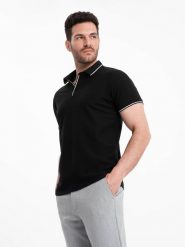 Koszulka męska polo z dzianiny pique bez guzików - czarna V2 OM-POSS-0110 - XXL. Czarne koszulki polo męskie Ombre Clothing, l, z aplikacjami, z bawełny, bez ramiączek. W wyprzedaży za 39.99 zł.