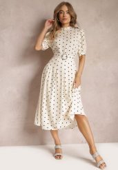 Jasnobeżowa Rozkloszowana Sukienka Midi z Gumką w Pasie i Ozdobnym Paskiem z Klamrą Abennita. Brązowe sukienki damskie Renee, l, z aplikacjami, z materiału, eleganckie, bez kołnierzyka, bez ramiączek, maxi, rozkloszowane. W wyprzedaży za 118.99 zł.