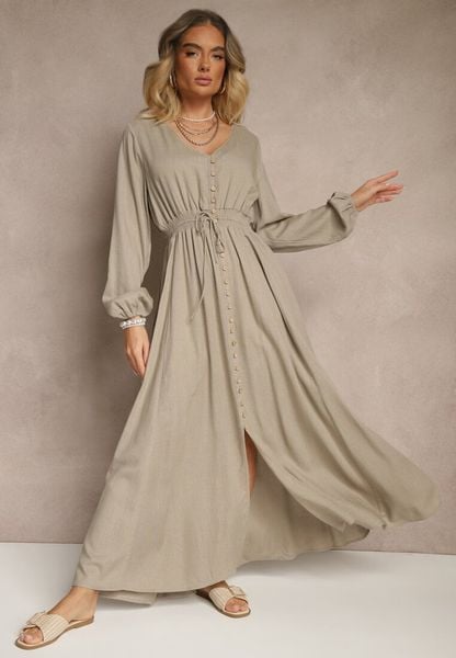Beżowa Sukienka z Lnem i Wiskozą o Rozkloszowanym Kroju z Ozdobnymi Guzikami Maitena. Brązowe sukienki damskie Renee, na co dzień, l, bez wzorów, z wiskozy, eleganckie, bez kołnierzyka, bez ramiączek, maxi, rozkloszowane. Za 159.99 zł.