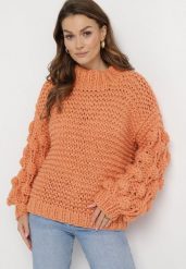 Pomarańczowy Golf w Ozdobny Splot Asaipal. Brązowe golfy damskie Born2be, bez wzorów, z dzianiny, bez ramiączek. Za 94.99 zł.