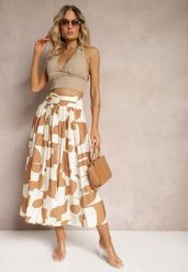 Beżowa Rozkloszowana Spódnica High Waist z Gumką w Talii i Guzikami Tinasshi. Brązowe spódniczki damskie Renee, na lato, m, bez wzorów, z materiału, z podwyższonym stanem, maxi, rozkloszowane. Za 69.99 zł.
