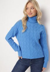Niebieski Sweter z Golfem w Warkoczowy Splot ze Ściągaczami Maraiwai. Niebieskie golfy damskie Born2be, bez wzorów, ze splotem, bez ramiączek. Za 109.99 zł.