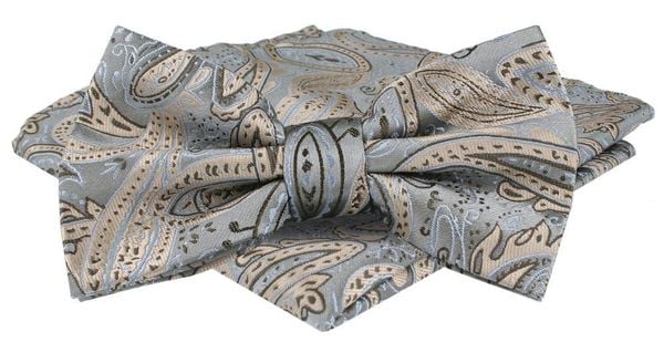 Mucha Męska w Zestawie z Poszetką - Alties - Popiel, Jasne Paisley. Szare krawaty i muchy męskie Alties, bez wzorów, eleganckie. Za 65.00 zł.