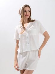 Muślinowa piżama dwuczęściowa - kremowy. Białe piżamy damskie Sinsay, l, bez wzorów, bez ramiączek. Za 49.99 zł.