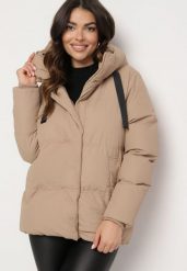 Ciemnobeżowa Kurtka Pikowana z Kapturem Vertigara. Brązowe kurtki damskie Born2be, l, bez wzorów, z dzianiny, z kapturem. Za 159.99 zł.