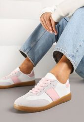 Biało-Różowe Sneakersy Tenisówki w Kultowym Stylu Neolithaen. Białe trampki i tenisówki damskie Renee, bez wzorów, z jeansu. Za 74.99 zł.