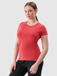 4F T-shirt slim gładki damski - czerwony S. Czerwone t-shirty damskie 4f, s, bez wzorów, z bawełny, bez kołnierzyka. W wyprzedaży za 29.99 zł.