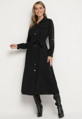 Czarna Koszulowa Sukienka z Podpinanymi Rękawami i Dodatkowym Wiązanym Paskiem Ivandria. Czarne sukienki damskie Born2be, na co dzień, l, bez wzorów, klasyczne, bez kołnierzyka, bez ramiączek, koszulowe. Za 99.99 zł.