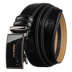 Czarny, skórzany pasek męski z automatyczną klamrą - Peterson. Czarne paski męskie Peterson, bez wzorów, ze skóry, eleganckie. Za 69.99 zł.