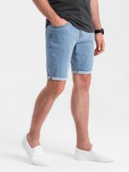 Szorty męskie jeansowe z podwiniętymi nogawkami – błękitne V2 OM-SRDS-0134 - XXL. Niebieskie szorty męskie Ombre Clothing, na lato, bez wzorów, z bawełny, eleganckie. W wyprzedaży za 79.99 zł.