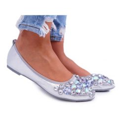 PS1 Baleriny Damskie z Kamieniami Srebrne Crystal szare. Szare baleriny damskie bez wzorów, bez obcasa. Za 155.14 zł.