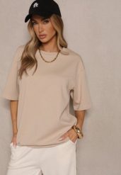 Jasnobeżowy Basicowy T-shirt z Bawełną Meronissea. Brązowe t-shirty damskie Renee, bez wzorów, z bawełny, bez kołnierzyka. Za 54.99 zł.