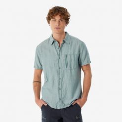 Koszula turystyczna męska z krótkim rękawem Quechua NH500. Zielone koszule męskie QUECHUA, m, bez wzorów, z bawełny, bez kołnierzyka, bez ramiączek. Za 129.99 zł.