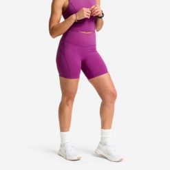 Spodenki fitness damskie Domyos wysoki stan. Fioletowe szorty damskie DOMYOS, bez wzorów, z elastanu, sportowe, z podwyższonym stanem. Za 69.99 zł.