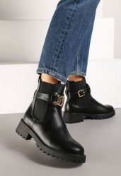 Czarne Botki Sztyblety na Słupku z Metaliczną Ozdobą Venselle. Czarne botki damskie Renee, z jeansu, eleganckie, bez obcasa, na obcasie, bez zapięcia. Za 124.99 zł.