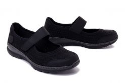 RIEKER L32B5-00 black, półbuty damskie. Czarne półbuty damskie Rieker, bez wzorów, bez obcasa. Za 255.92 zł.