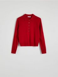 Sweter polo z guzikami - czerwony. Czerwone swetry klasyczne damskie Reserved, l, z dzianiny, bez kołnierzyka. W wyprzedaży za 69.99 zł.