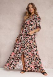 Czarno-Czerwona Koszulowa Sukienka Maxi z Podpinanymi Rękawami w Kwiatowy Wzór c. Czarne sukienki damskie Renee, l, w ażurowe wzory, bez kołnierzyka, bez ramiączek, maxi, koszulowe. W wyprzedaży za 111.99 zł.